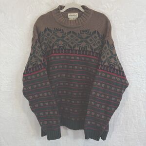 VTG Eddie Bauer Sweater Brown Green Fair Isle Cotton Old Money 90s XLT